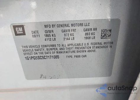 2012 Chevrolet Cruze Lt z USA, uszkodzony, nr VIN 1G1PG5SC5C7171085